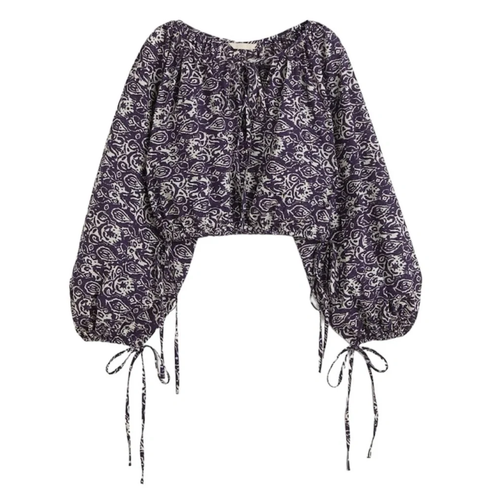 NWT blue white print gauzy cotton balloon sleeve oversized cropped blouse M - Picture 5 of 14